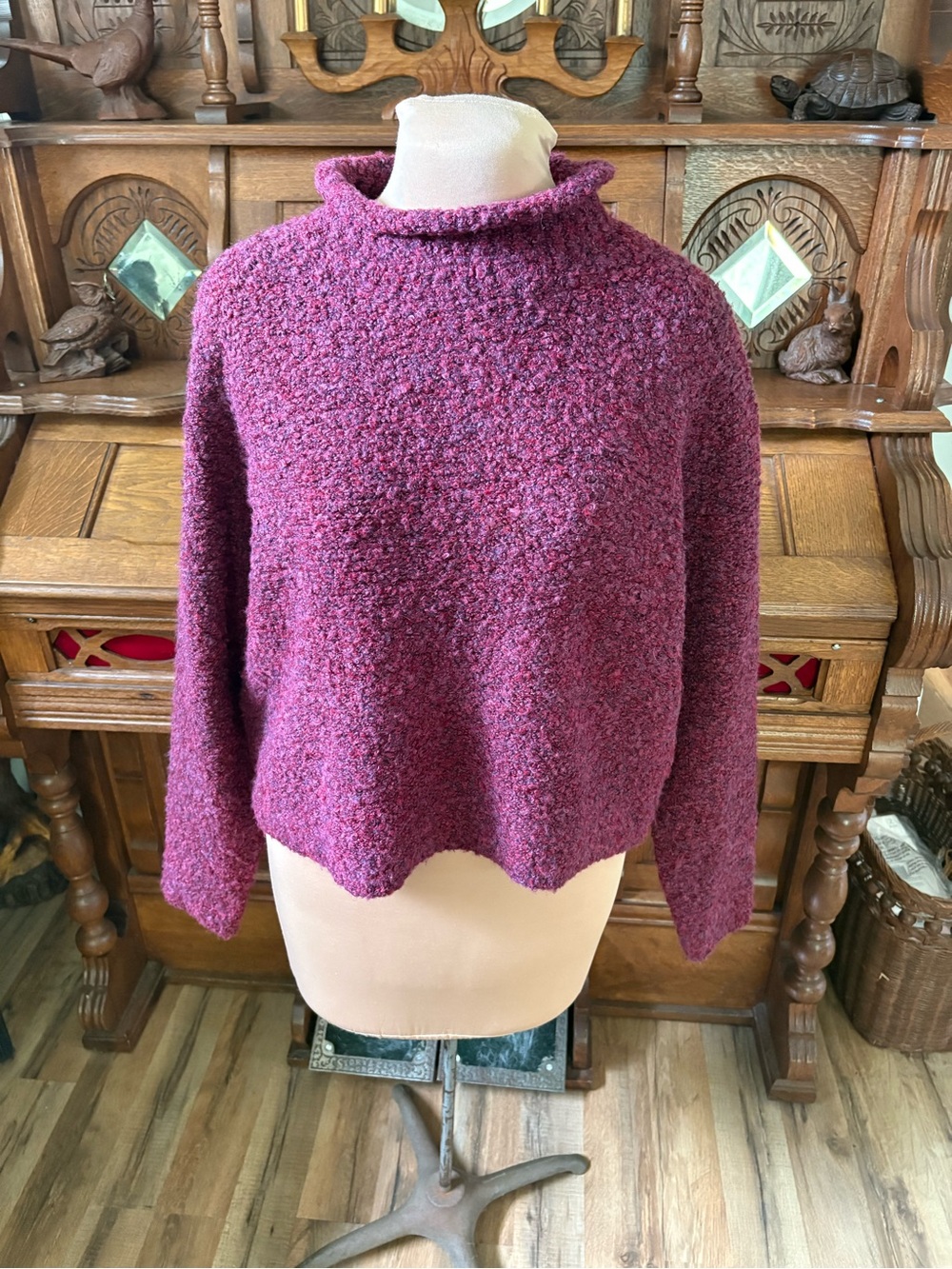 Cozy Wool Blend Mock Neck Bouclé Sweater - Berry